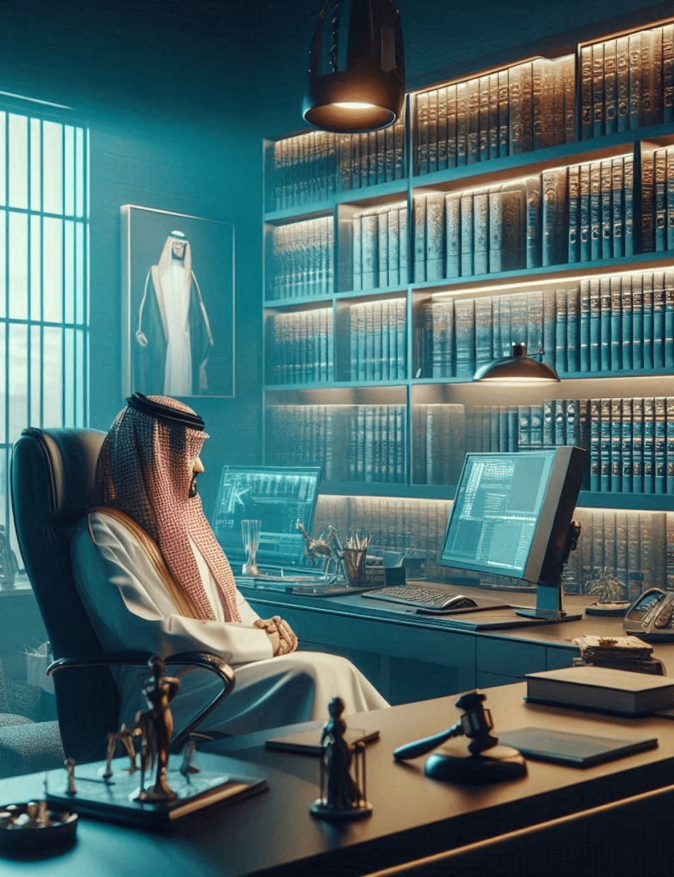 مكتب قانوني سعودي بإضاءة هادئة